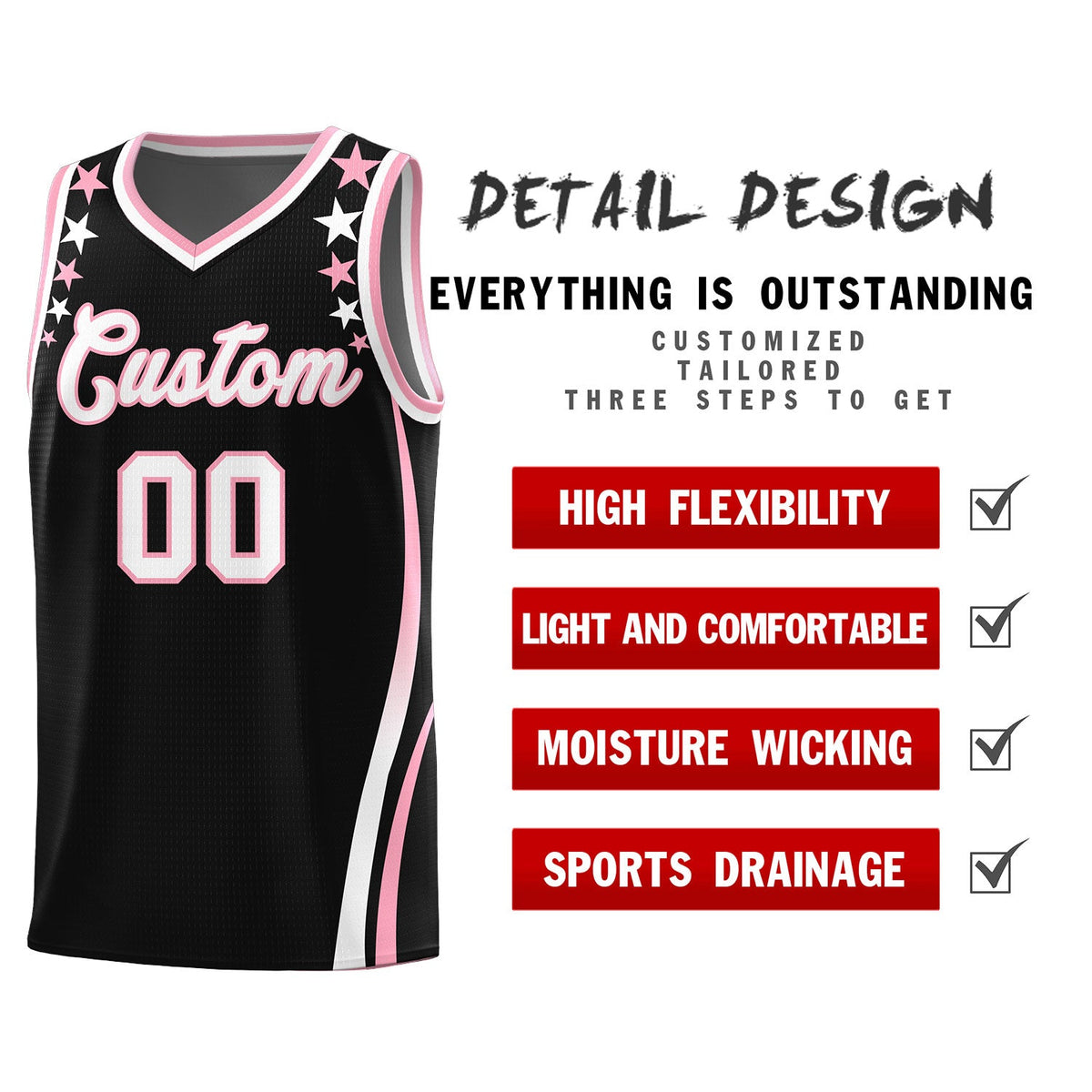 Custom Black Shoulders Star Pattern Side Color Block Sports Uniform Basketball Jersey