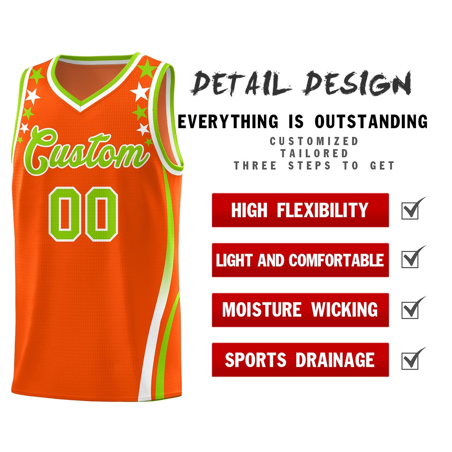 Custom Orange Shoulders Star Pattern Side Color Block Sports Uniform Basketball Jersey