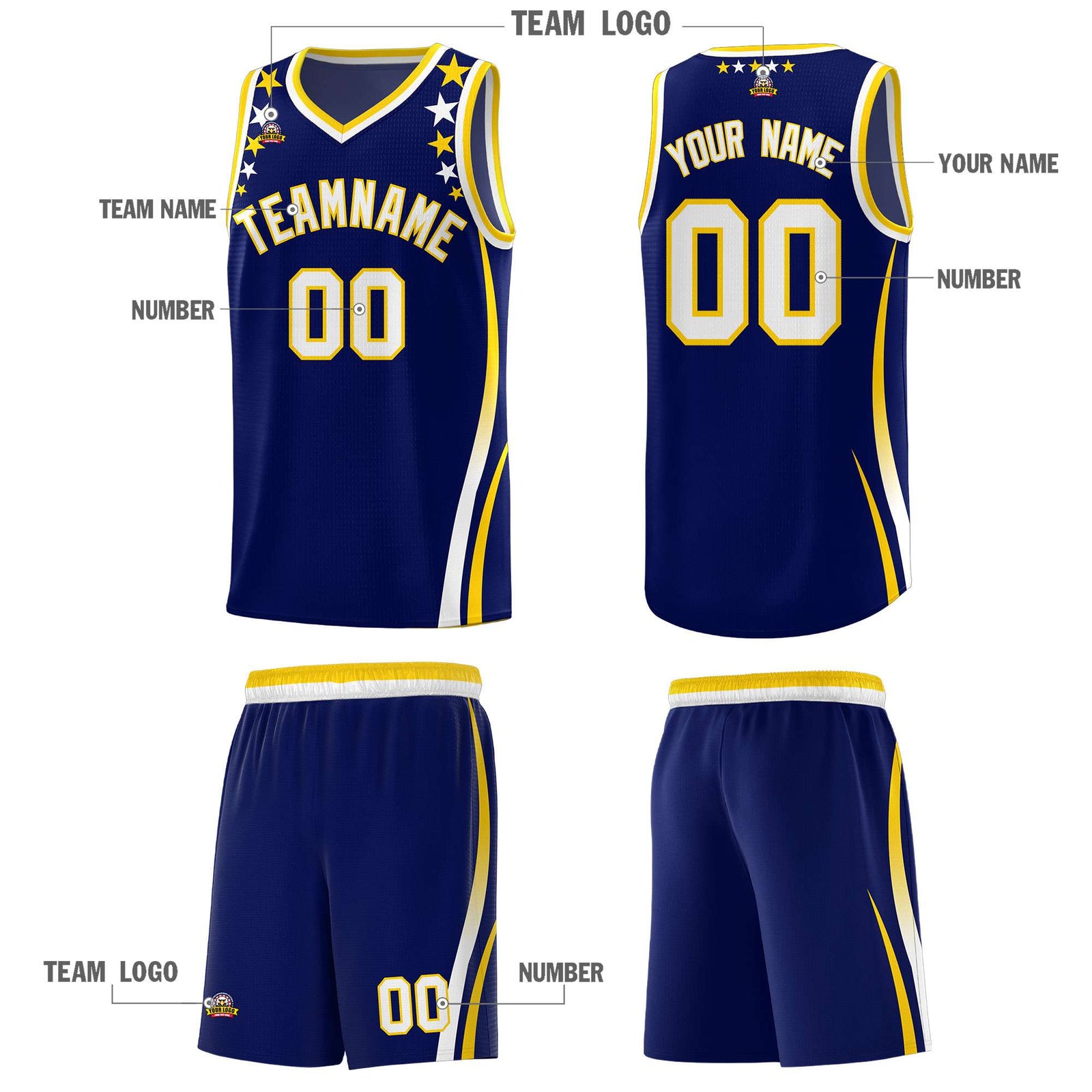 Custom Navy Shoulders Star Pattern Side Color Block Sports Uniform Basketball Jersey