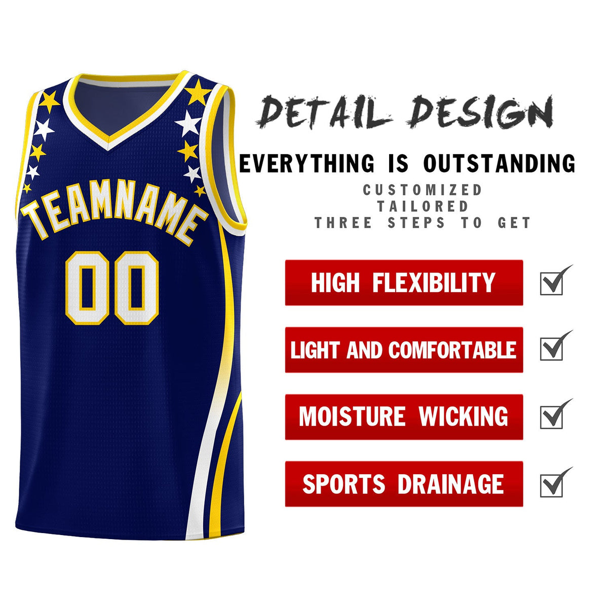 Custom Navy Shoulders Star Pattern Side Color Block Sports Uniform Basketball Jersey