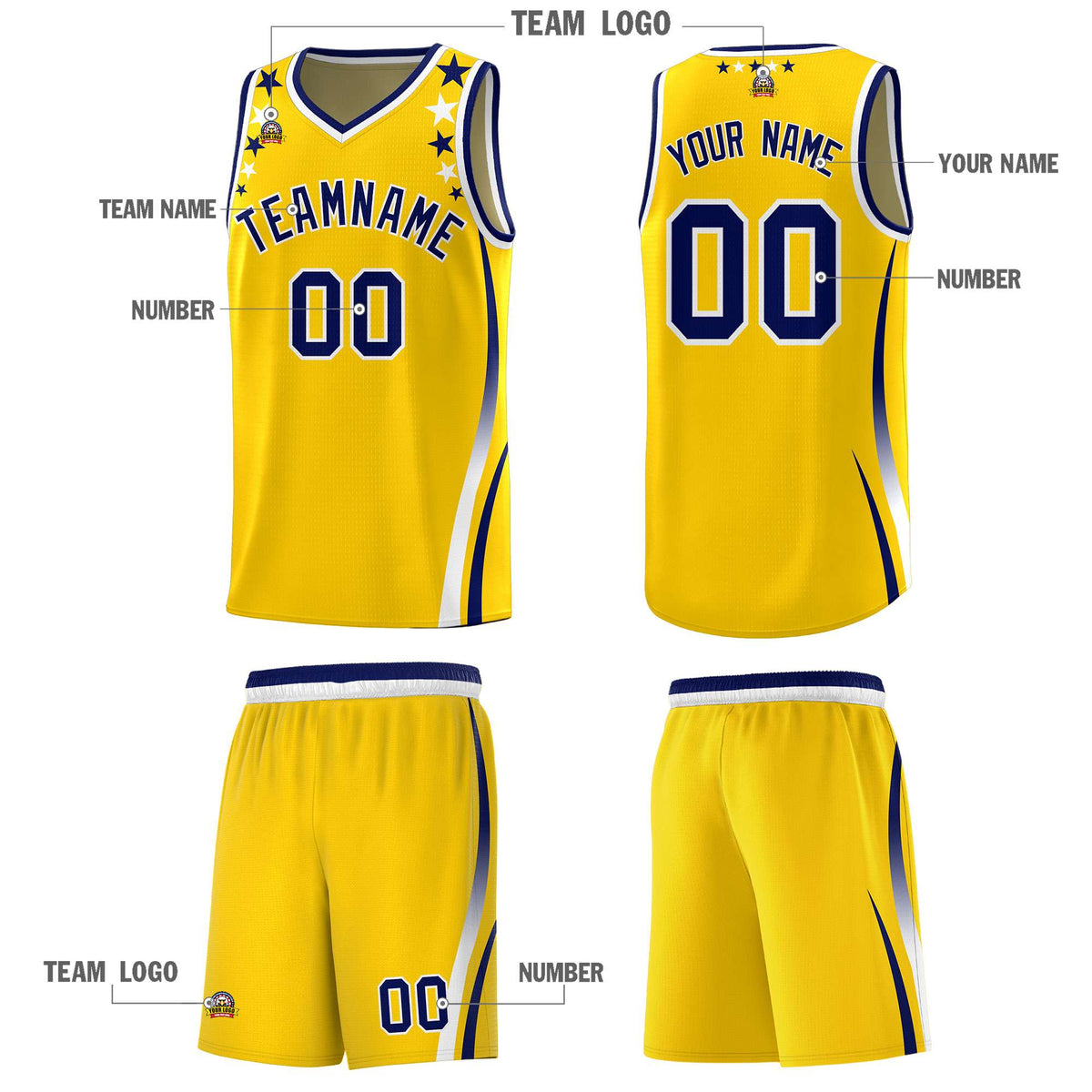 Custom Gold Shoulders Star Pattern Side Color Block Sports Uniform Basketball Jersey