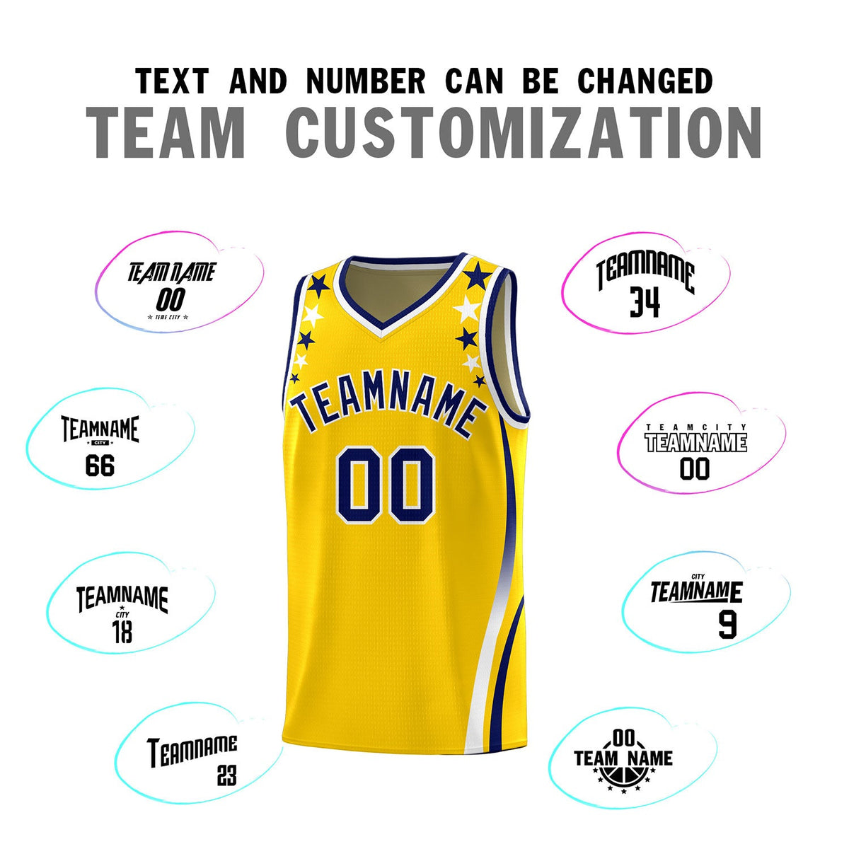Custom Gold Shoulders Star Pattern Side Color Block Sports Uniform Basketball Jersey