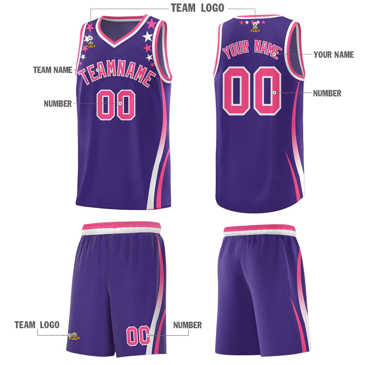 Custom Purple Shoulders Star Pattern Side Color Block Sports Uniform Basketball Jersey