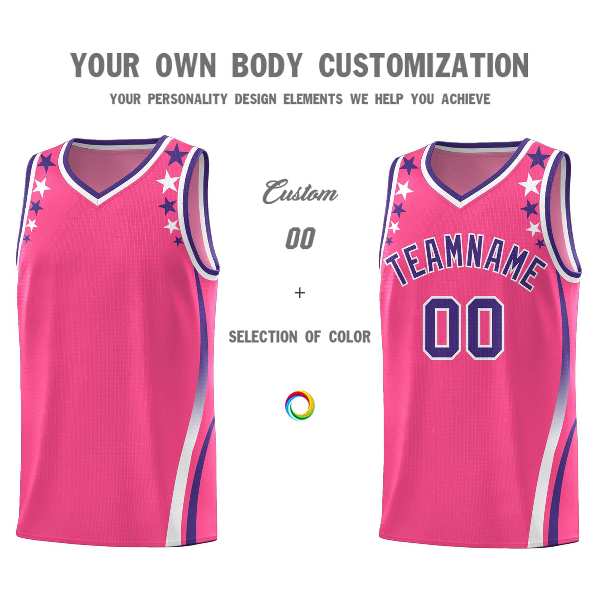 Custom Pink Shoulders Star Pattern Side Color Block Sports Uniform Basketball Jersey