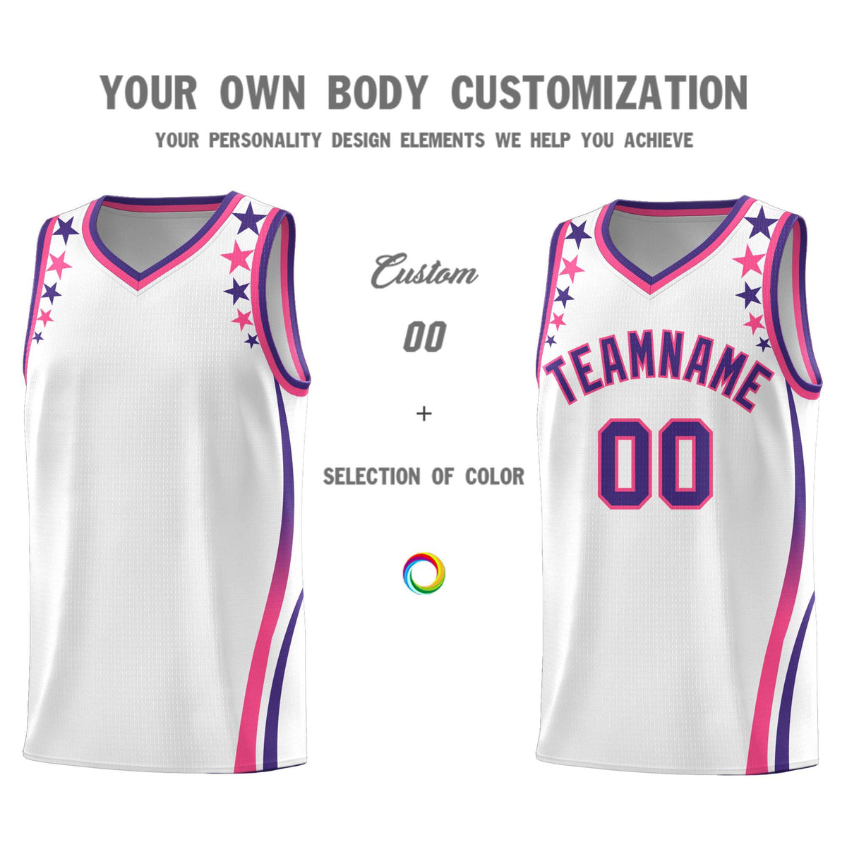Custom White Shoulders Star Pattern Side Color Block Sports Uniform Basketball Jersey