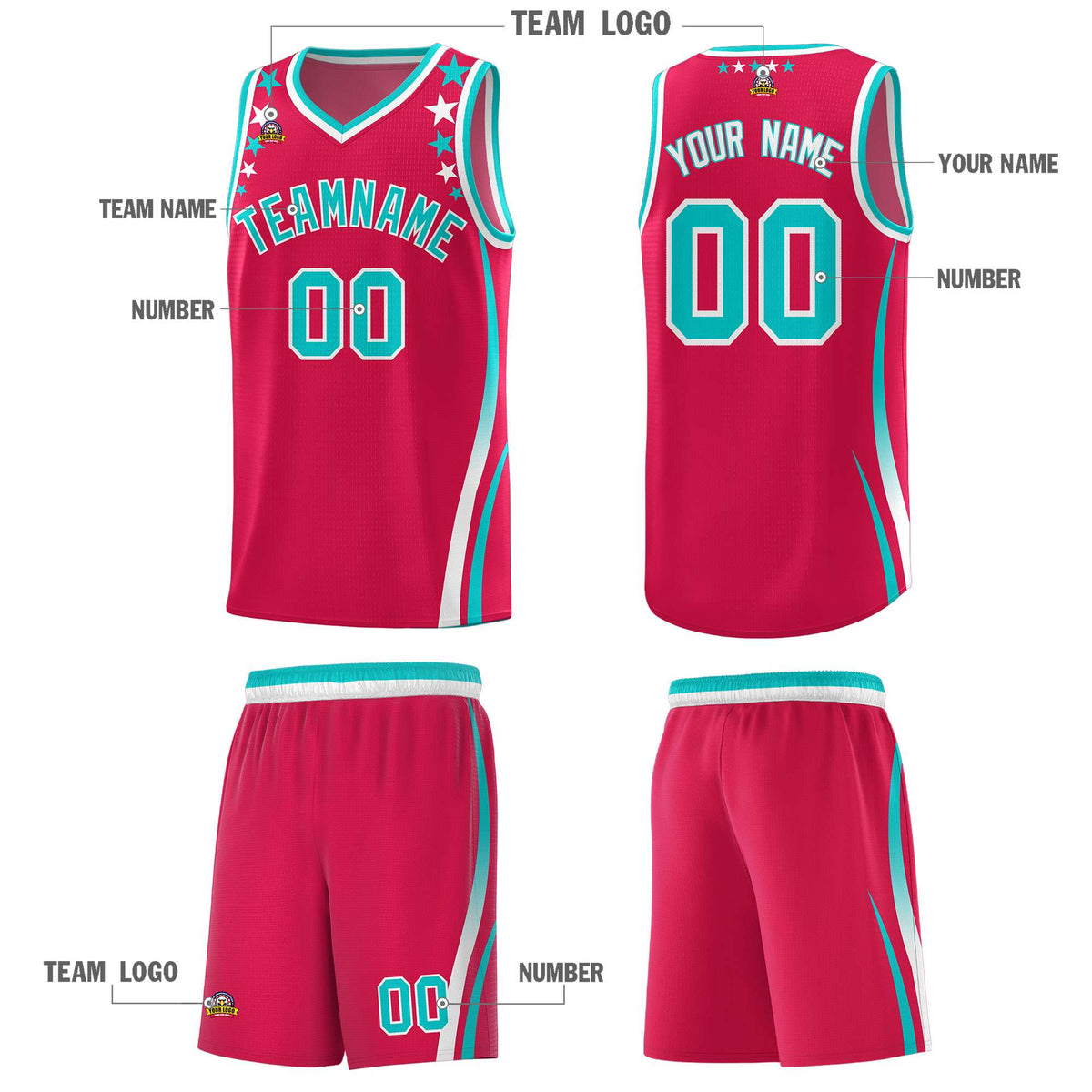 Custom Red Shoulders Star Pattern Side Color Block Sports Uniform Basketball Jersey