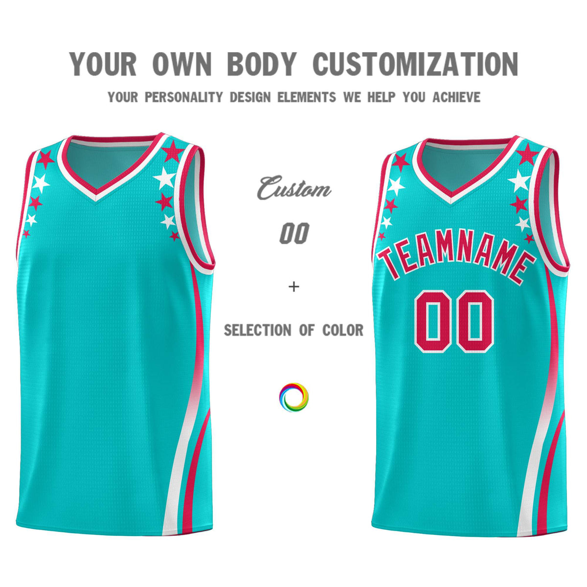Custom Sky Blue Shoulders Star Pattern Side Color Block Sports Uniform Basketball Jersey