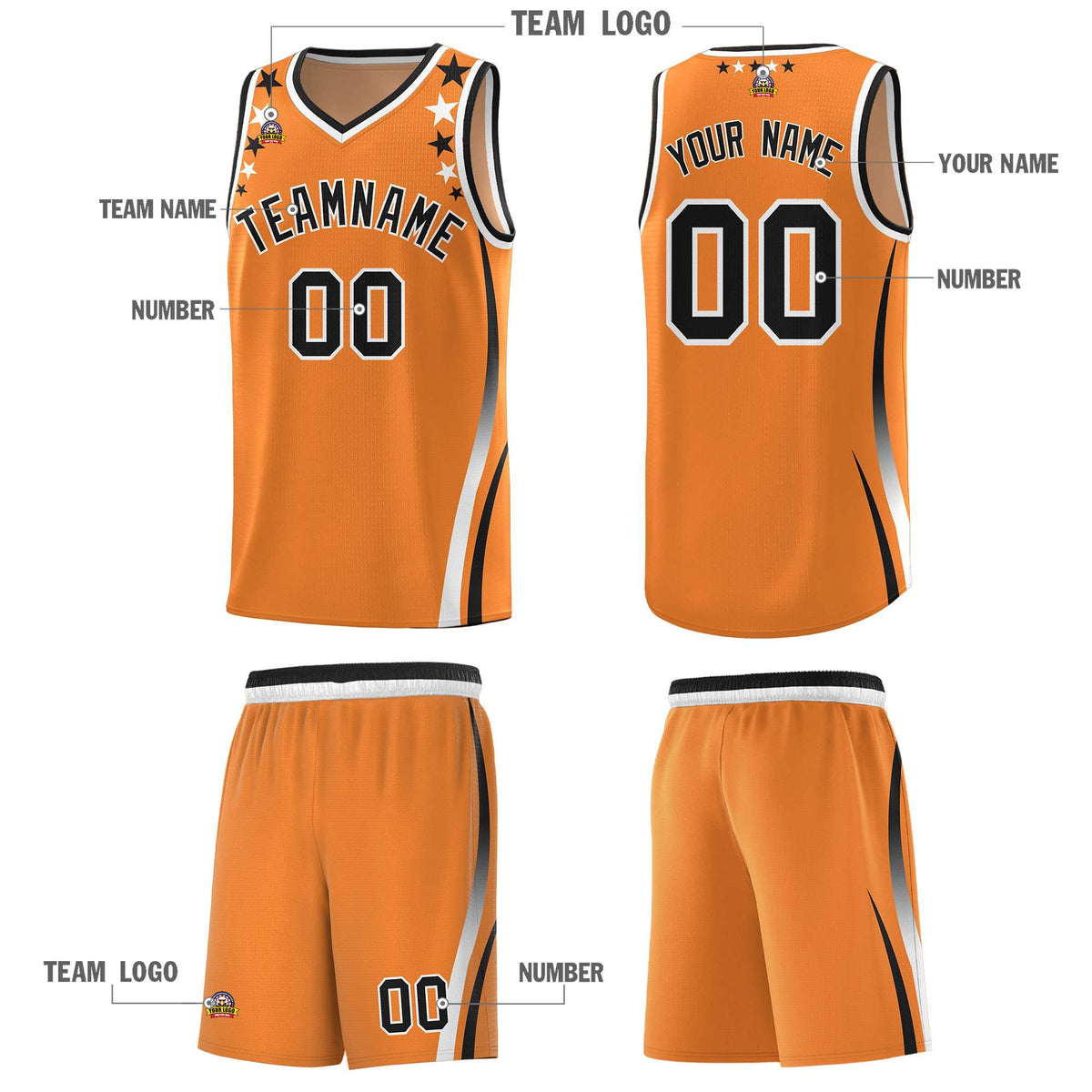Custom Orange Shoulders Star Pattern Side Color Block Sports Uniform Basketball Jersey