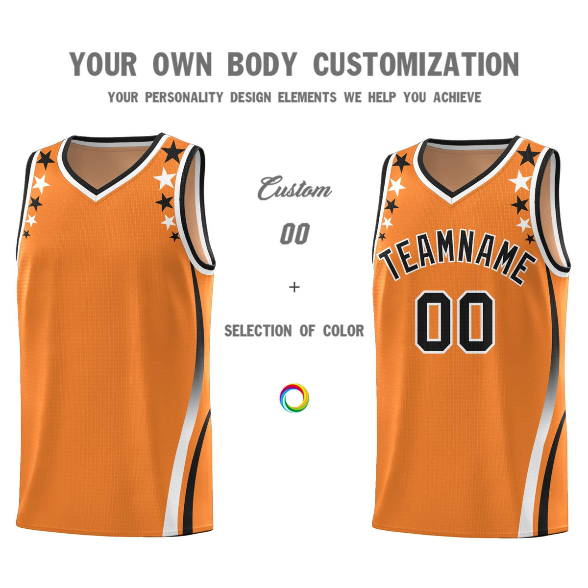 Custom Orange Shoulders Star Pattern Side Color Block Sports Uniform Basketball Jersey