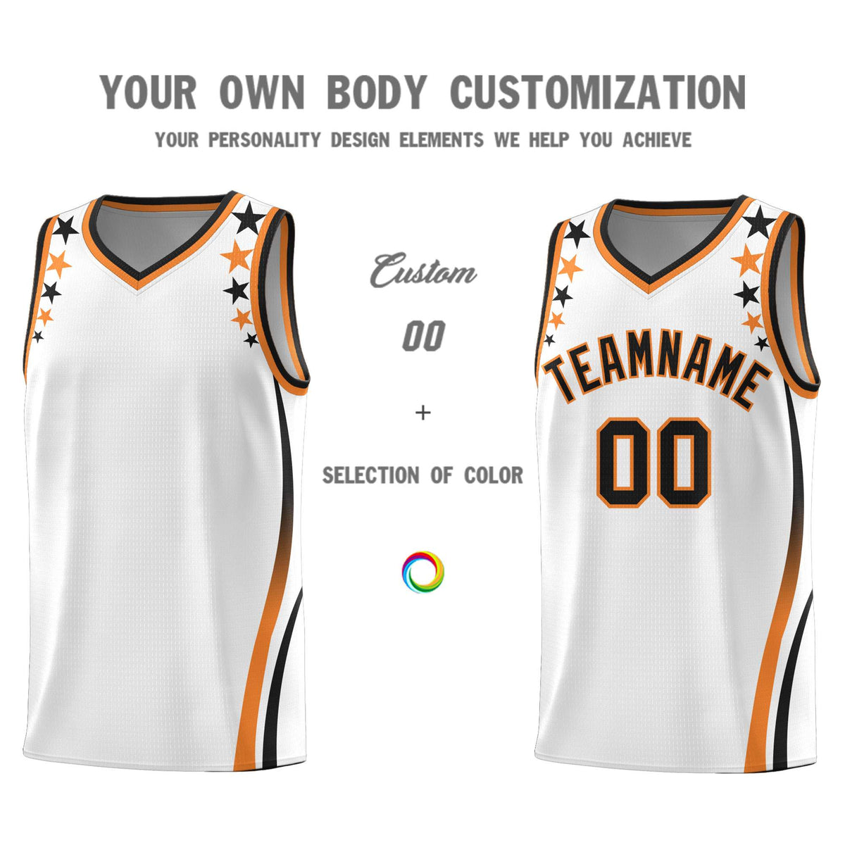 Custom White Shoulders Star Pattern Side Color Block Sports Uniform Basketball Jersey
