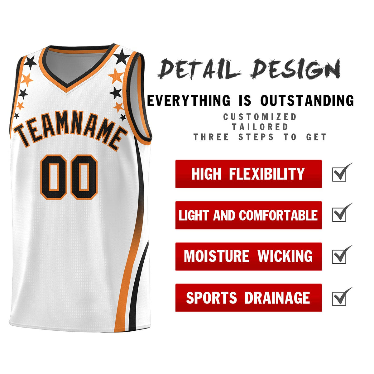 Custom White Shoulders Star Pattern Side Color Block Sports Uniform Basketball Jersey