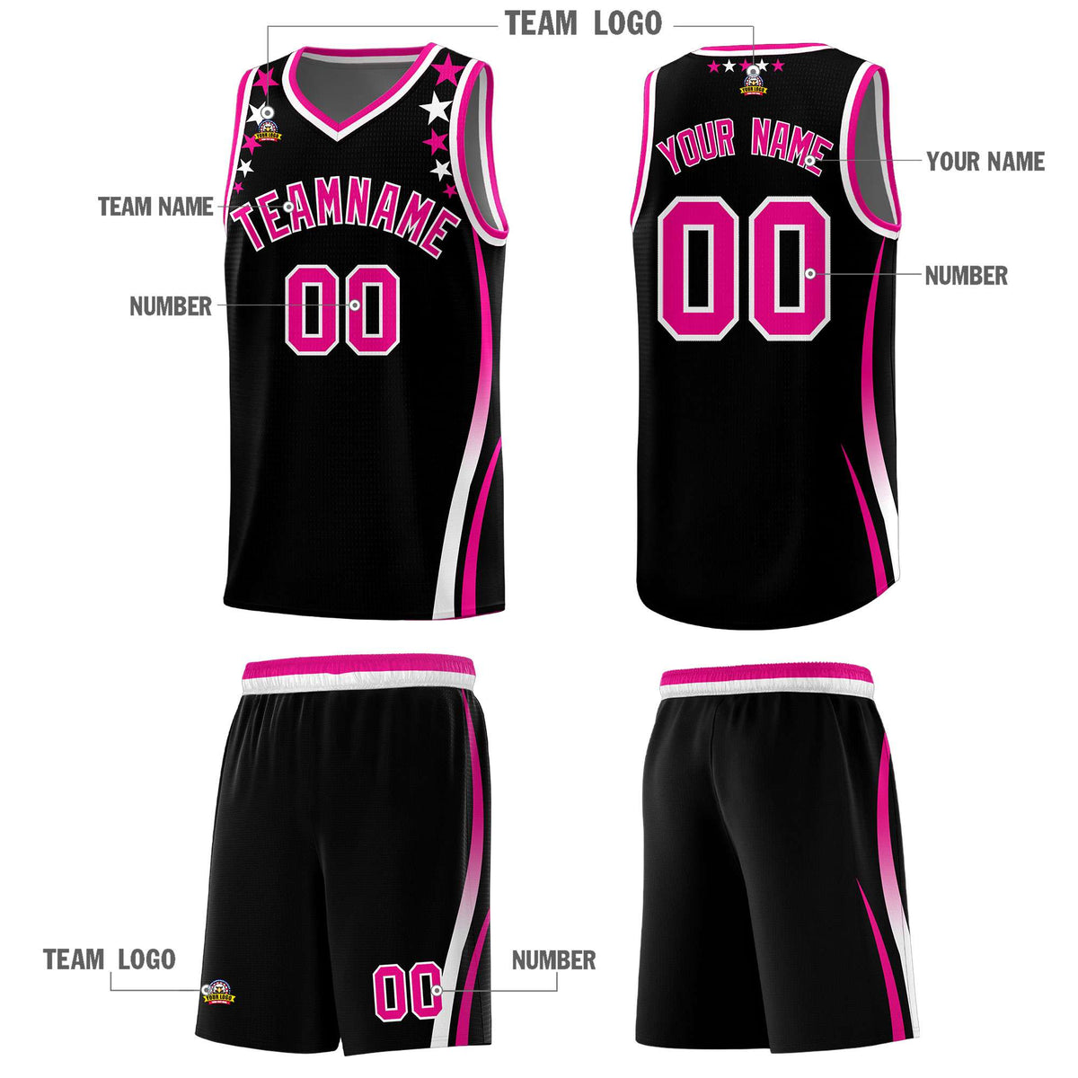 Custom Black Shoulders Star Pattern Side Color Block Sports Uniform Basketball Jersey