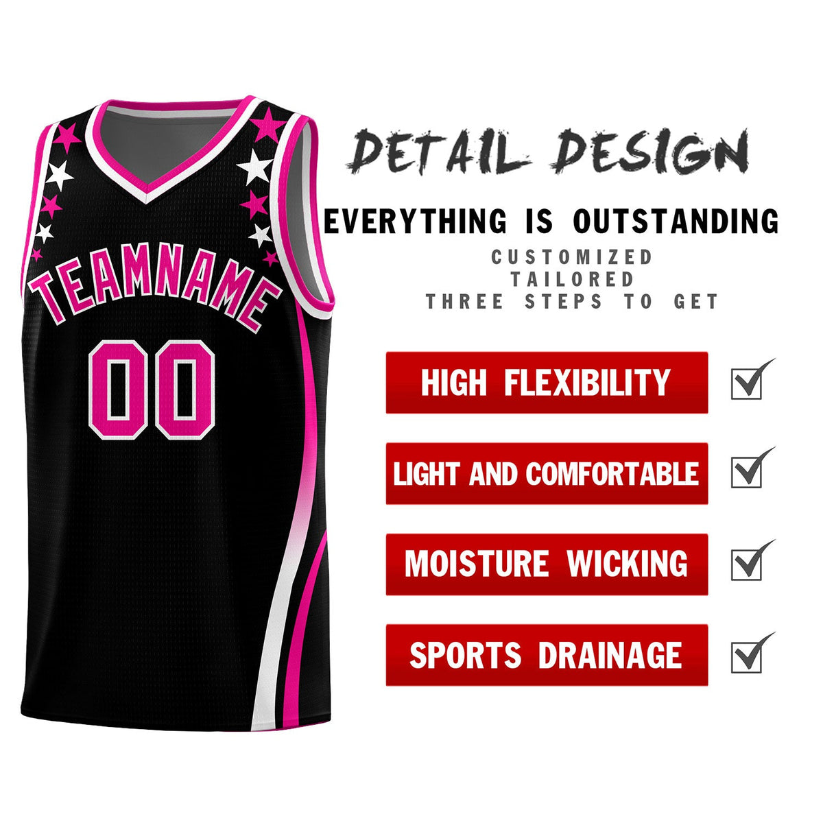 Custom Black Shoulders Star Pattern Side Color Block Sports Uniform Basketball Jersey