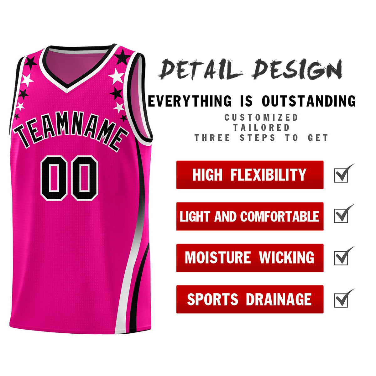 Custom Red Shoulders Star Pattern Side Color Block Sports Uniform Basketball Jersey