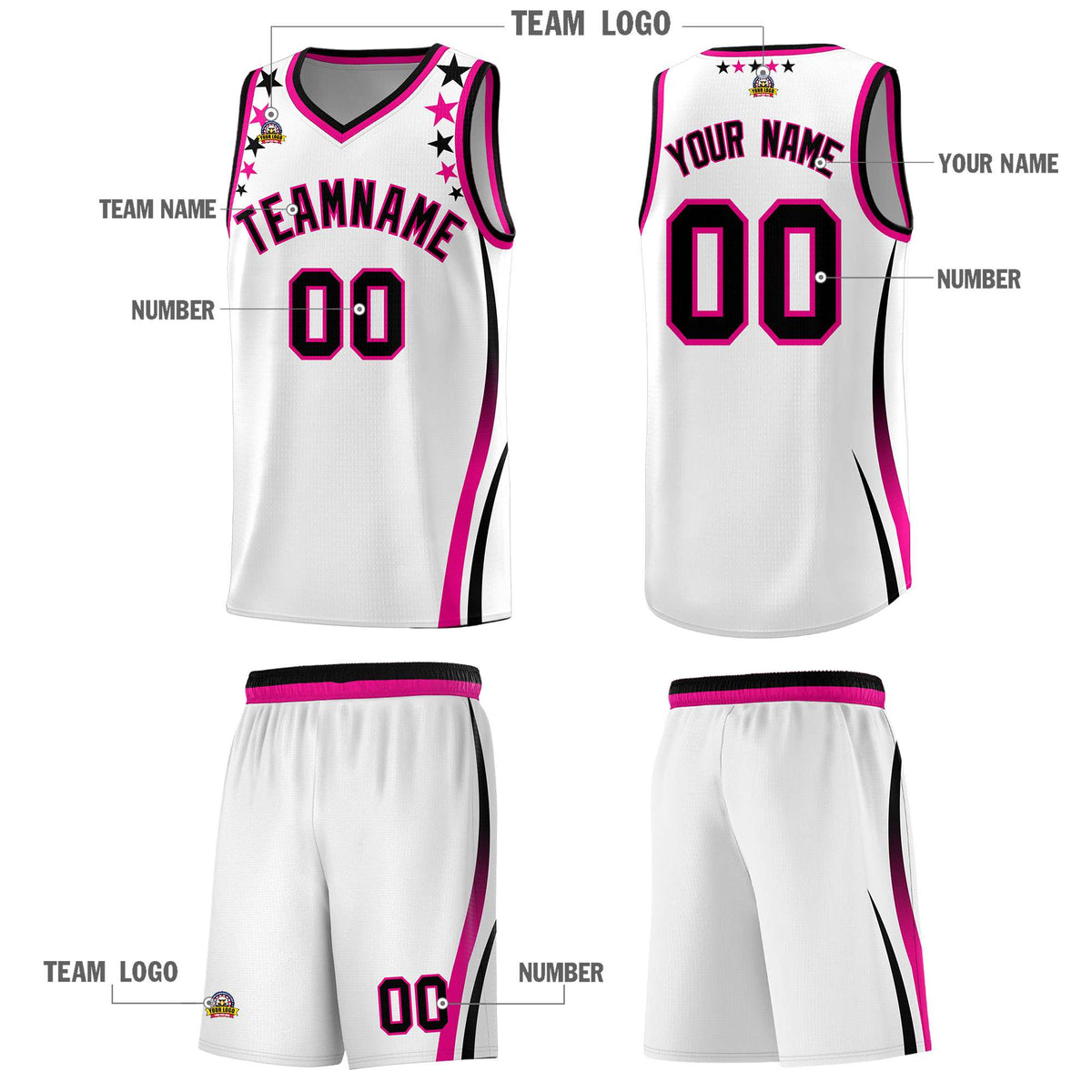 Custom White Shoulders Star Pattern Side Color Block Sports Uniform Basketball Jersey