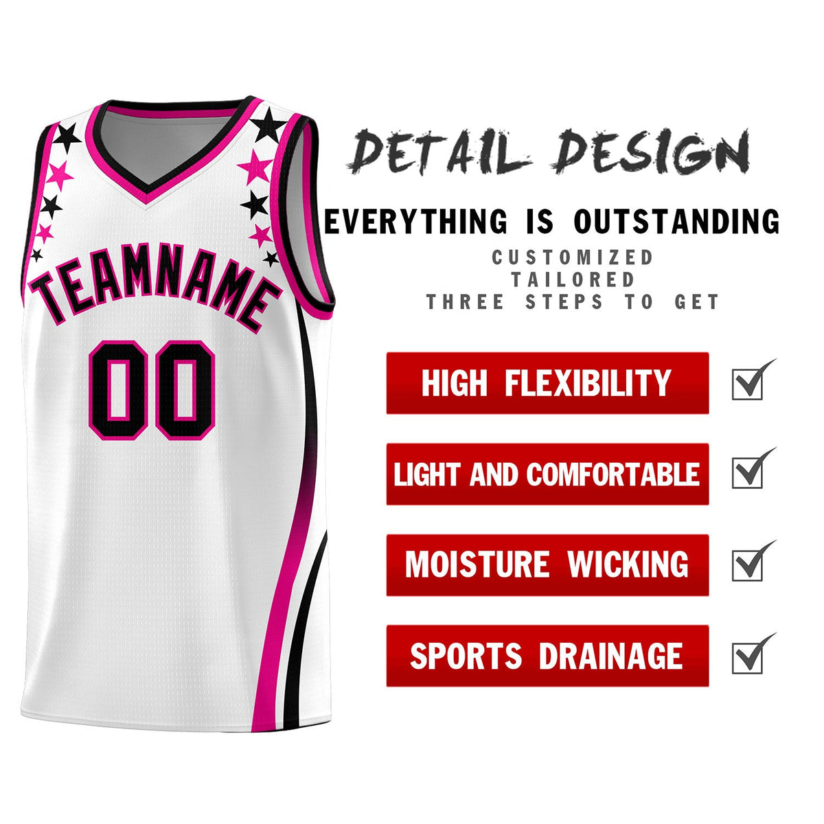 Custom White Shoulders Star Pattern Side Color Block Sports Uniform Basketball Jersey