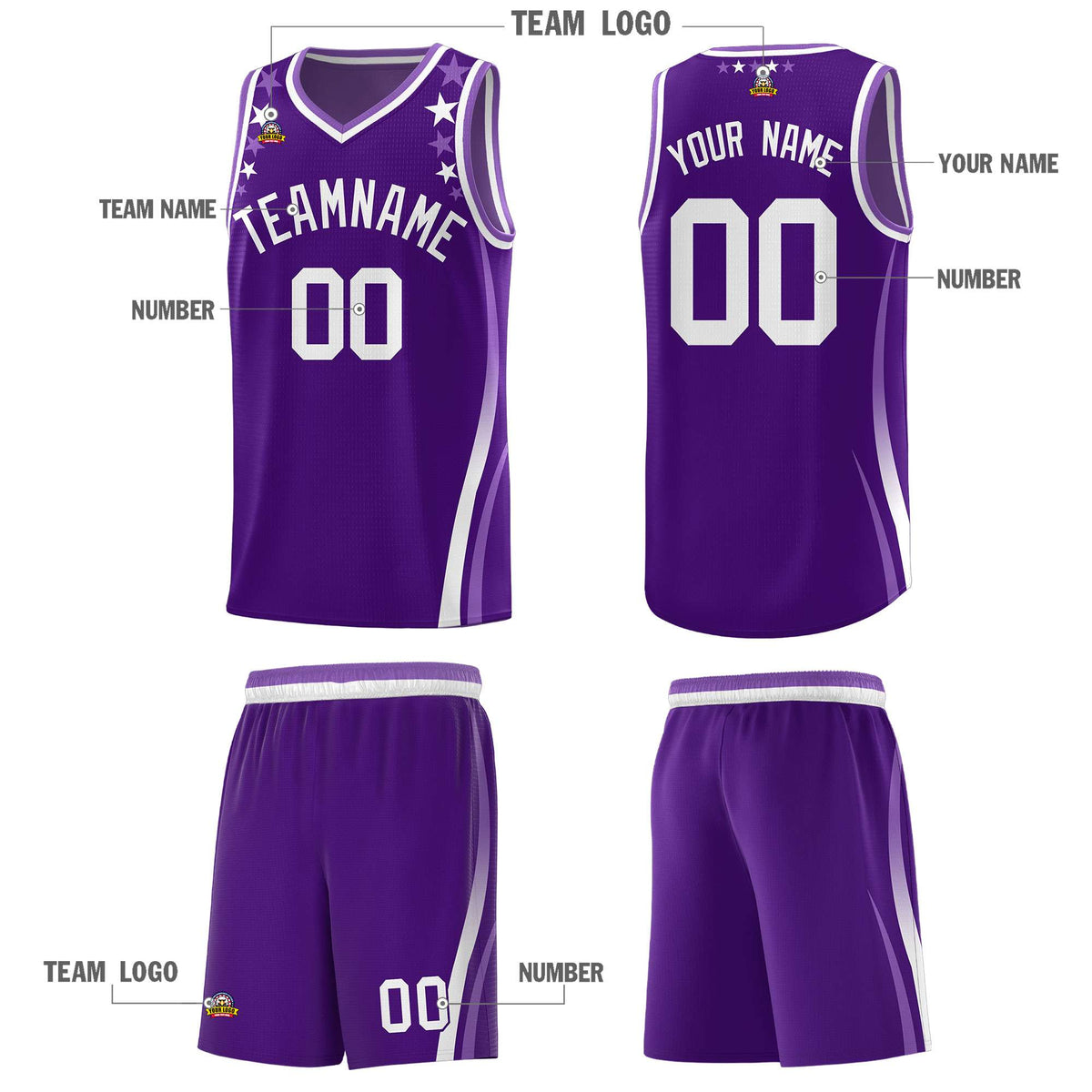 Custom Purple Shoulders Star Pattern Side Color Block Sports Uniform Basketball Jersey