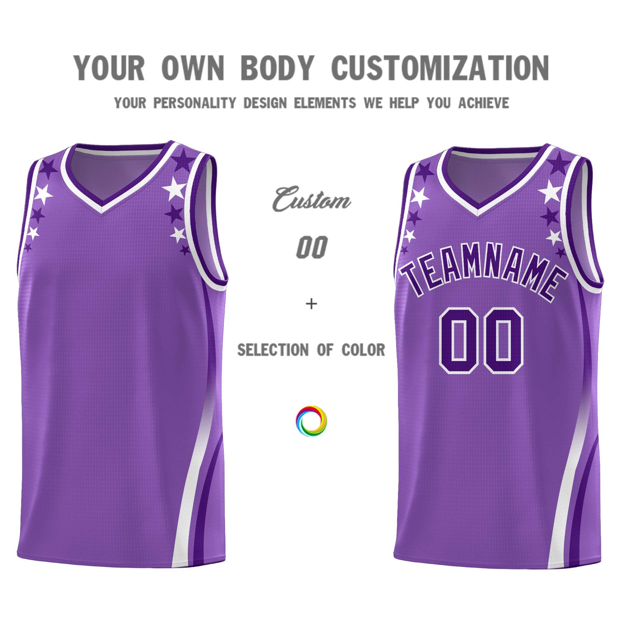Custom Light Purple Shoulders Star Pattern Side Color Block Sports Uniform Basketball Jersey