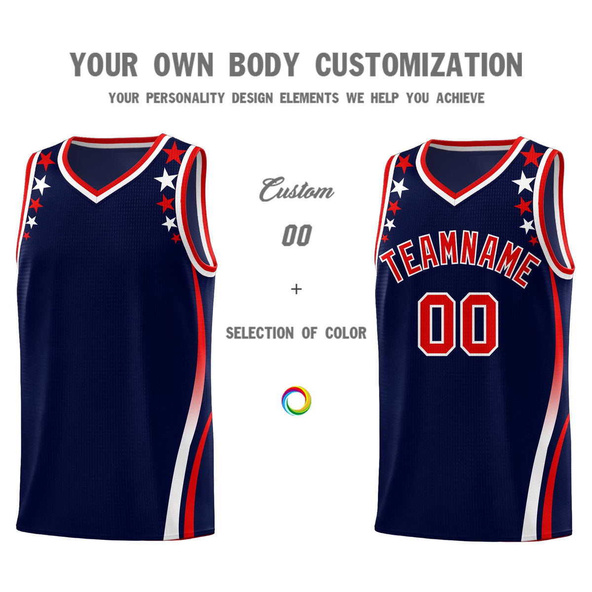 Custom Navy Shoulders Star Pattern Side Color Block Sports Uniform Basketball Jersey