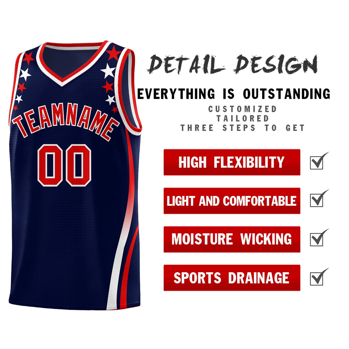 Custom Navy Shoulders Star Pattern Side Color Block Sports Uniform Basketball Jersey