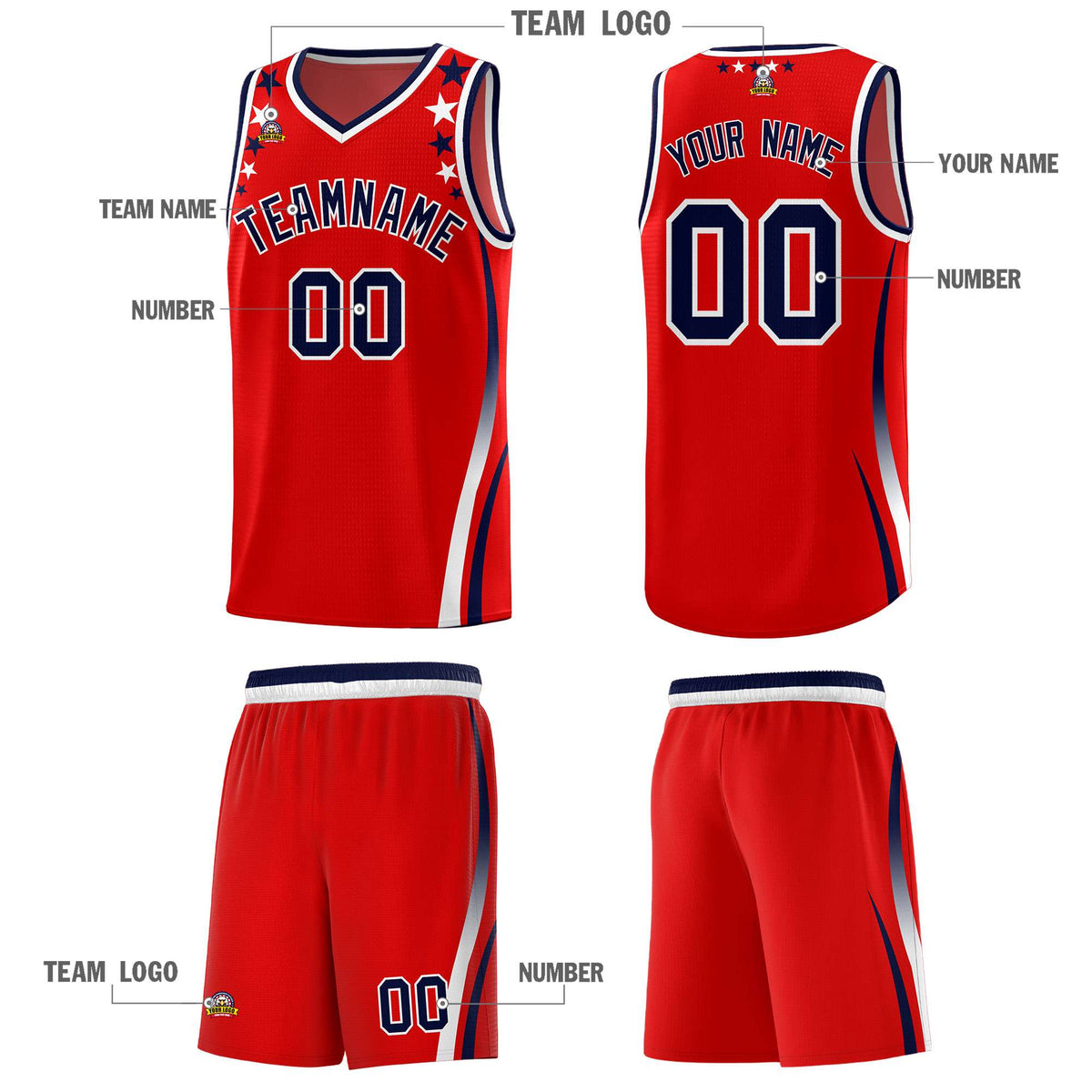 Custom Red Shoulders Star Pattern Side Color Block Sports Uniform Basketball Jersey