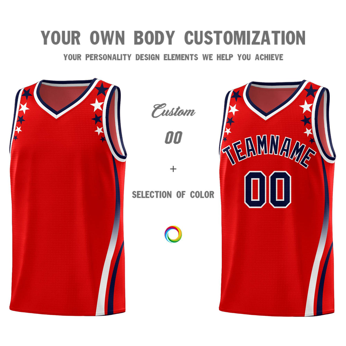 Custom Red Shoulders Star Pattern Side Color Block Sports Uniform Basketball Jersey