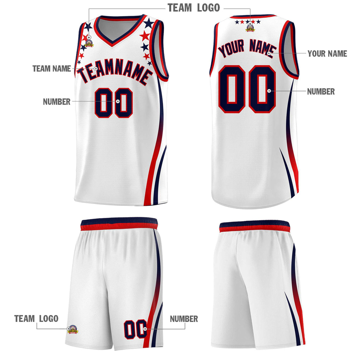 Custom White Shoulders Star Pattern Side Color Block Sports Uniform Basketball Jersey