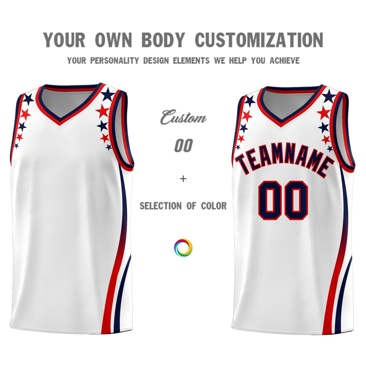 Custom White Shoulders Star Pattern Side Color Block Sports Uniform Basketball Jersey