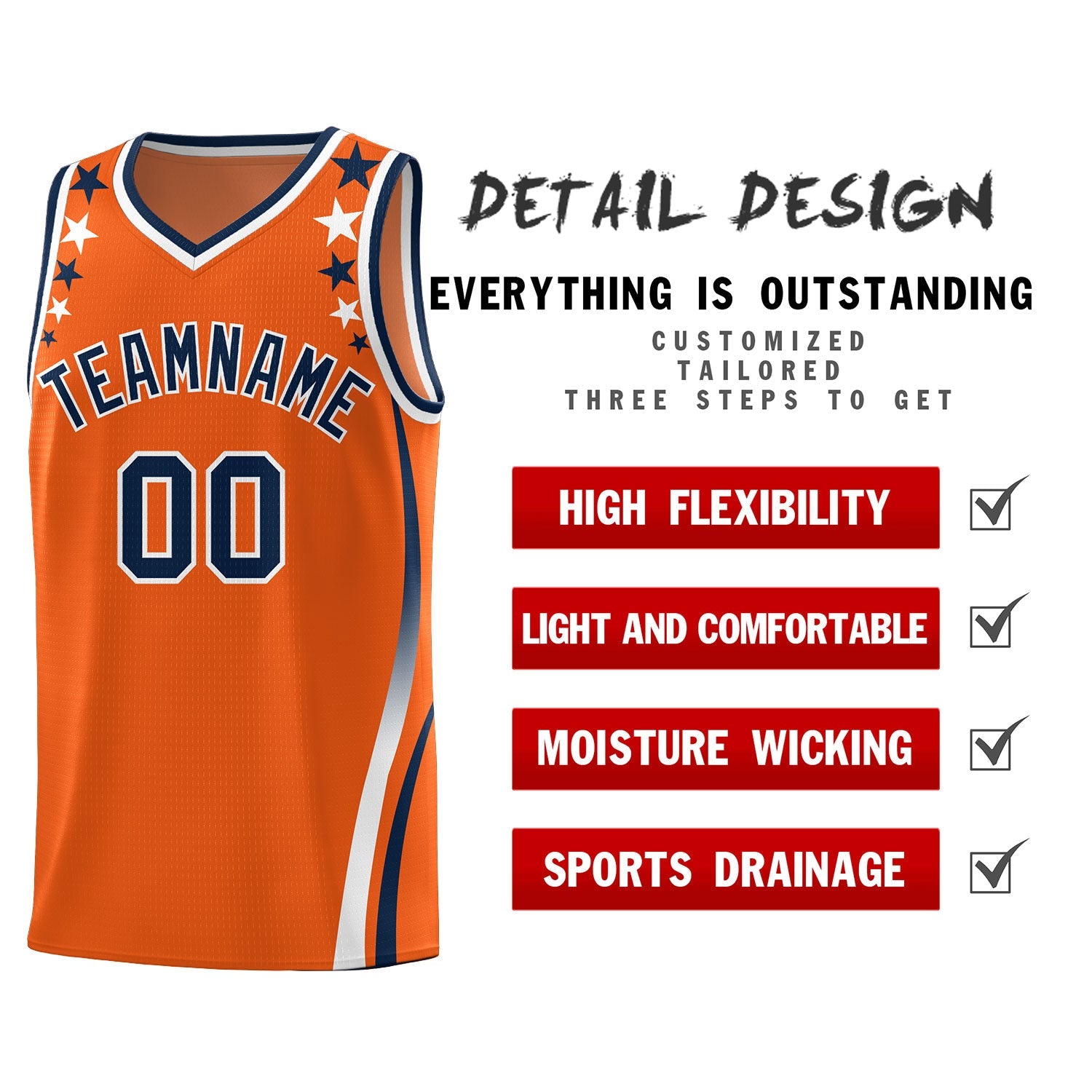 Custom Orange Shoulders Star Pattern Side Color Block Sports Uniform Basketball Jersey