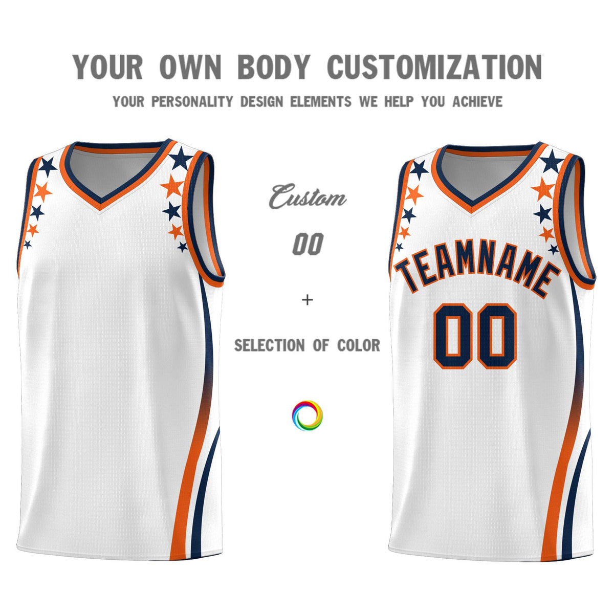 Custom White Shoulders Star Pattern Side Color Block Sports Uniform Basketball Jersey