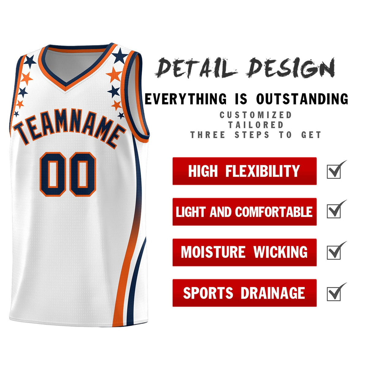 Custom White Shoulders Star Pattern Side Color Block Sports Uniform Basketball Jersey