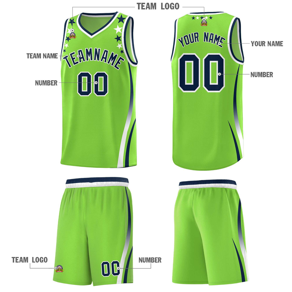 Custom Neon Green Shoulders Star Pattern Side Color Block Sports Uniform Basketball Jersey