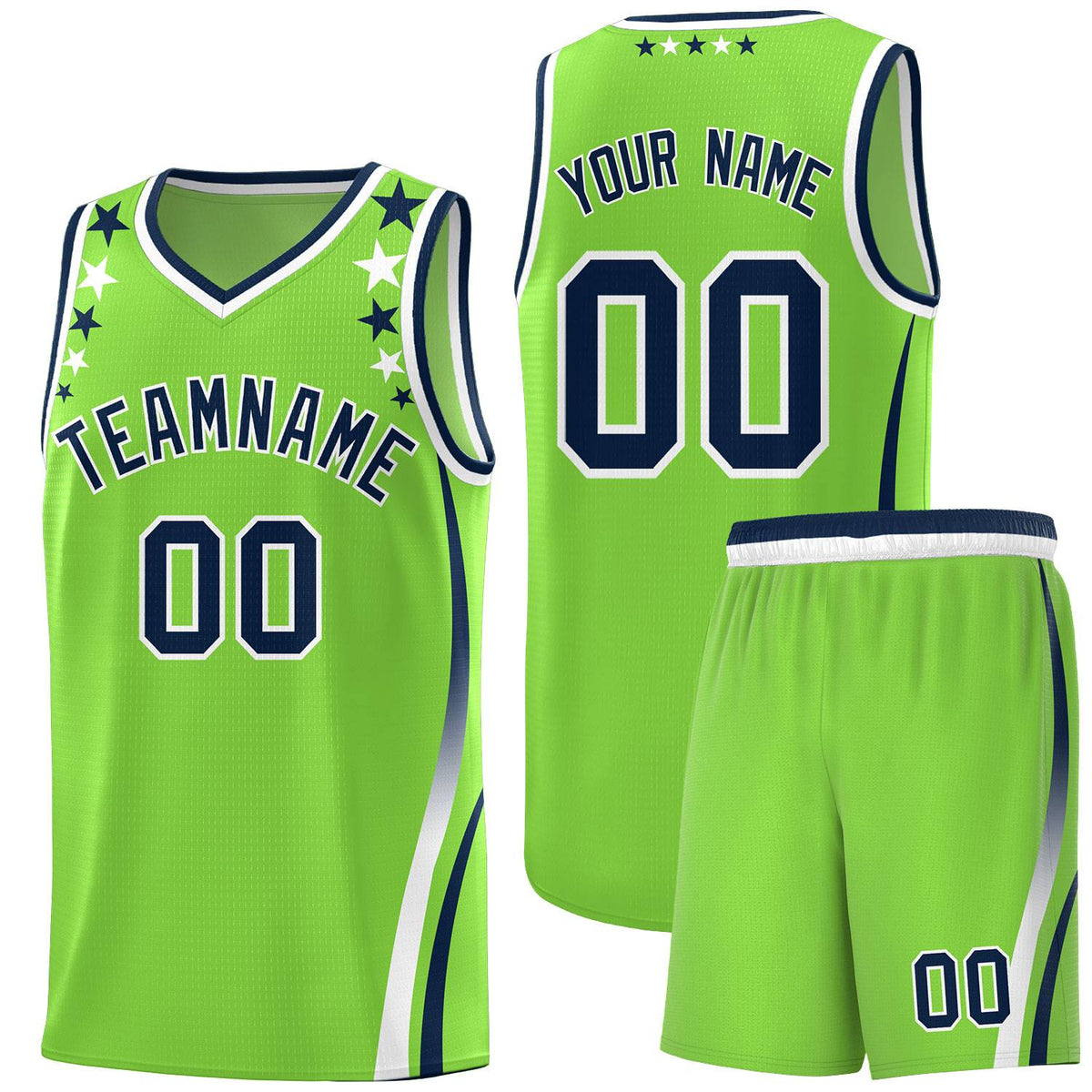 Custom Neon Green Shoulders Star Pattern Side Color Block Sports Uniform Basketball Jersey