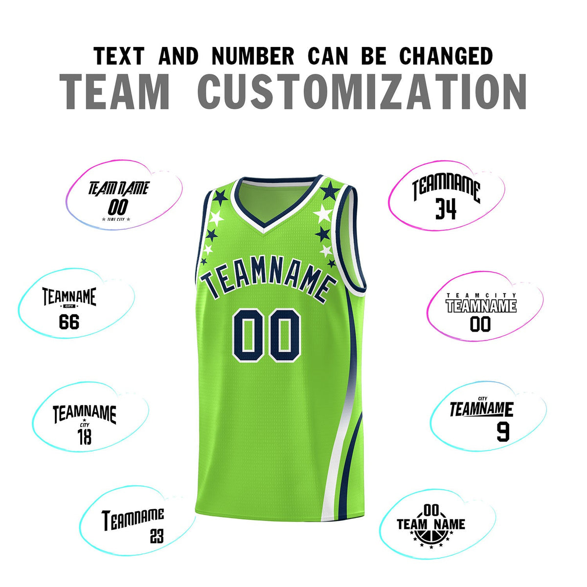Custom Neon Green Shoulders Star Pattern Side Color Block Sports Uniform Basketball Jersey