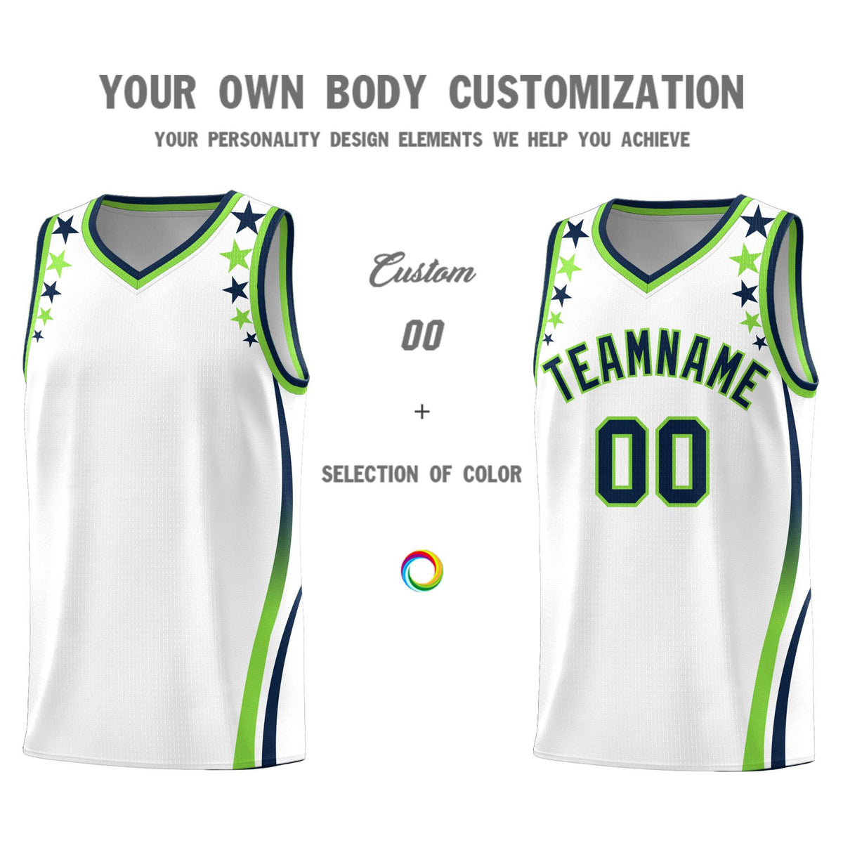 Custom White Shoulders Star Pattern Side Color Block Sports Uniform Basketball Jersey