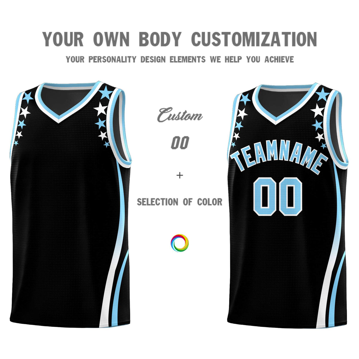 Custom Black Shoulders Star Pattern Side Color Block Sports Uniform Basketball Jersey