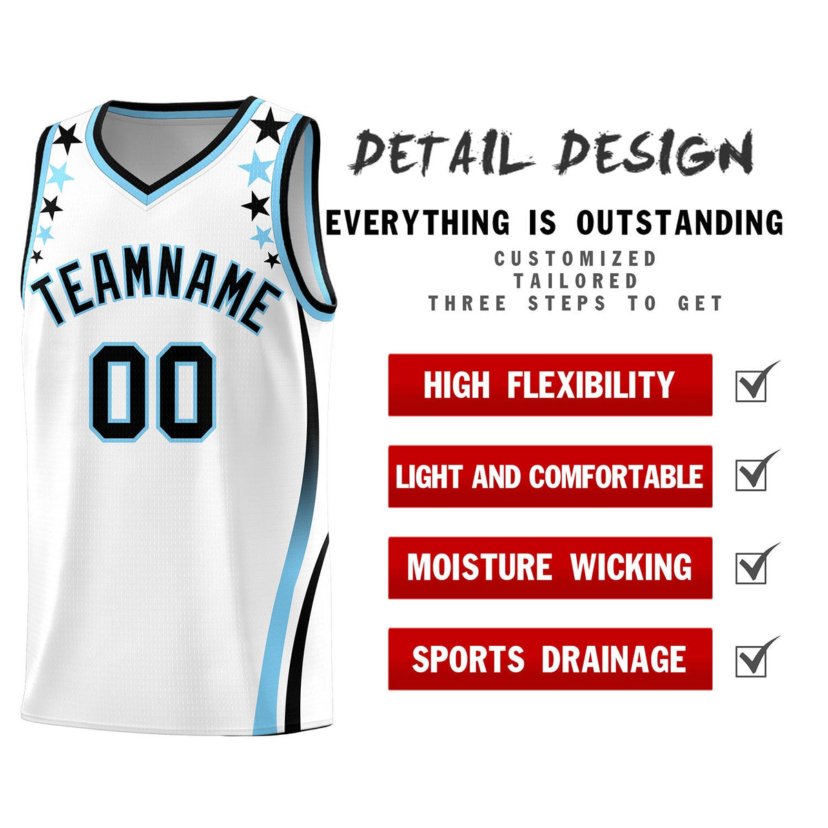 Custom White Shoulders Star Pattern Side Color Block Sports Uniform Basketball Jersey