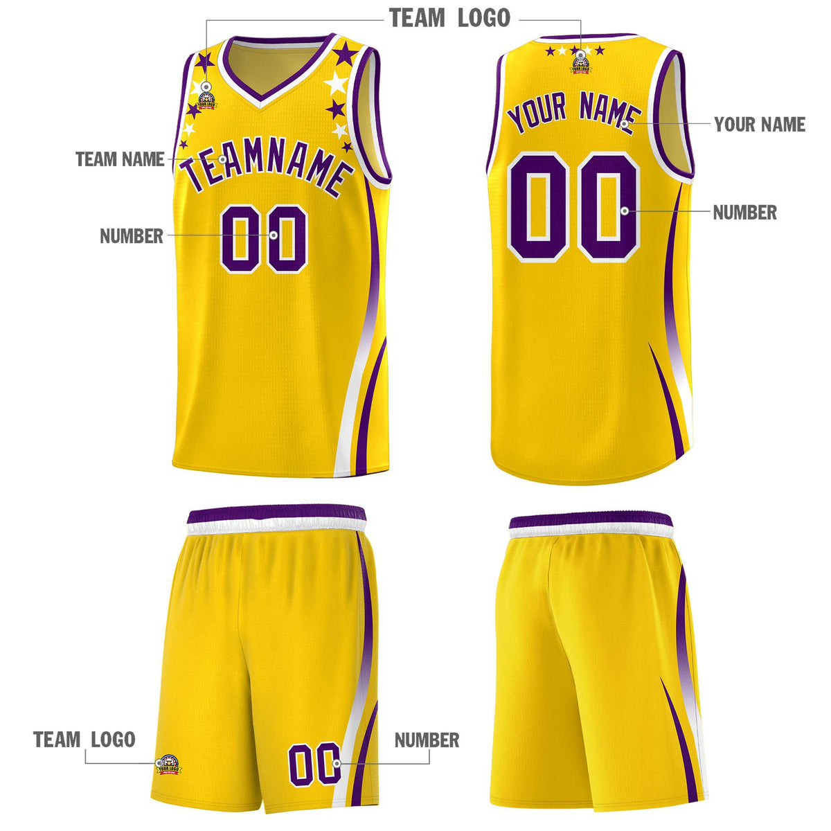 Custom Gold Shoulders Star Pattern Side Color Block Sports Uniform Basketball Jersey