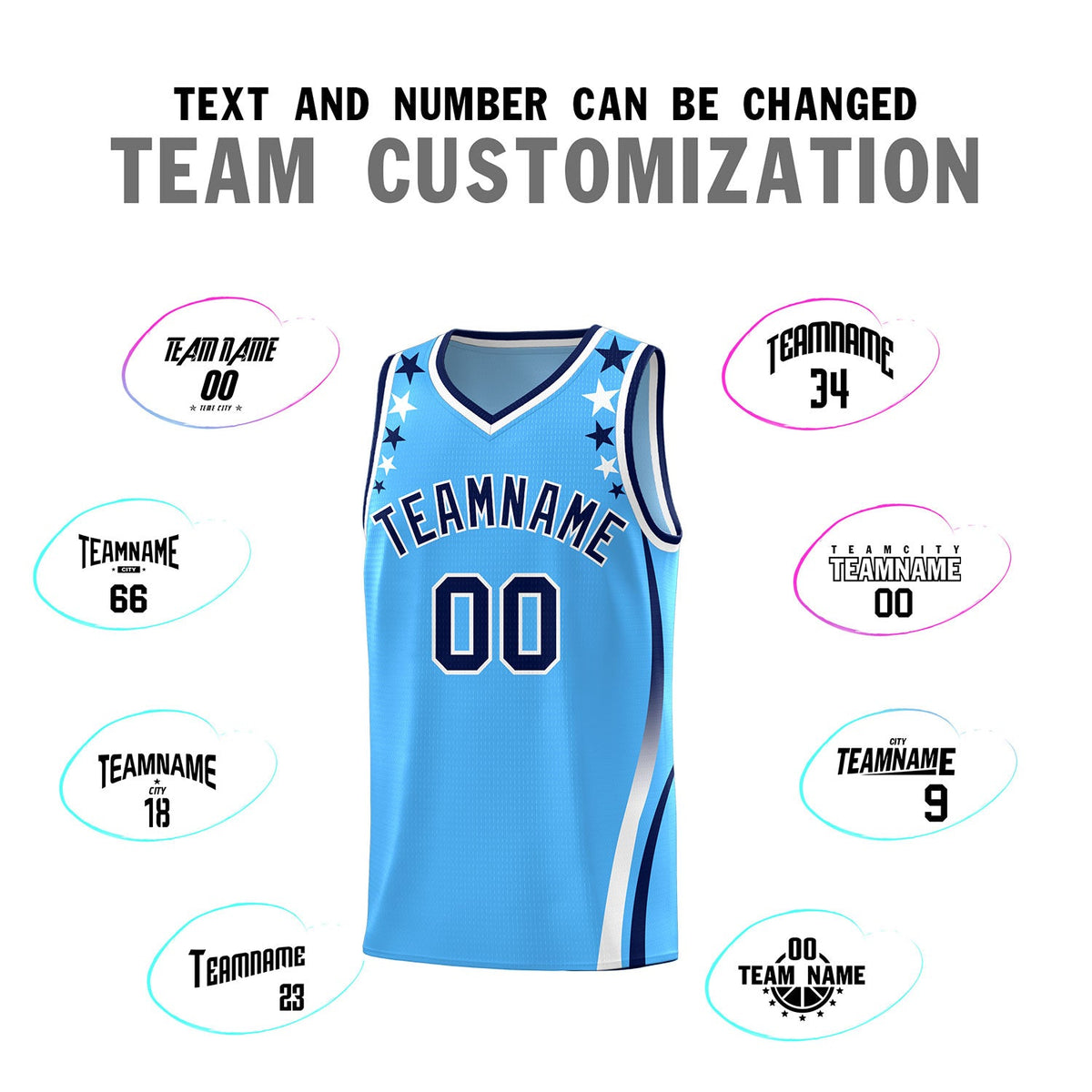 Custom Light Blue Shoulders Star Pattern Side Color Block Sports Uniform Basketball Jersey
