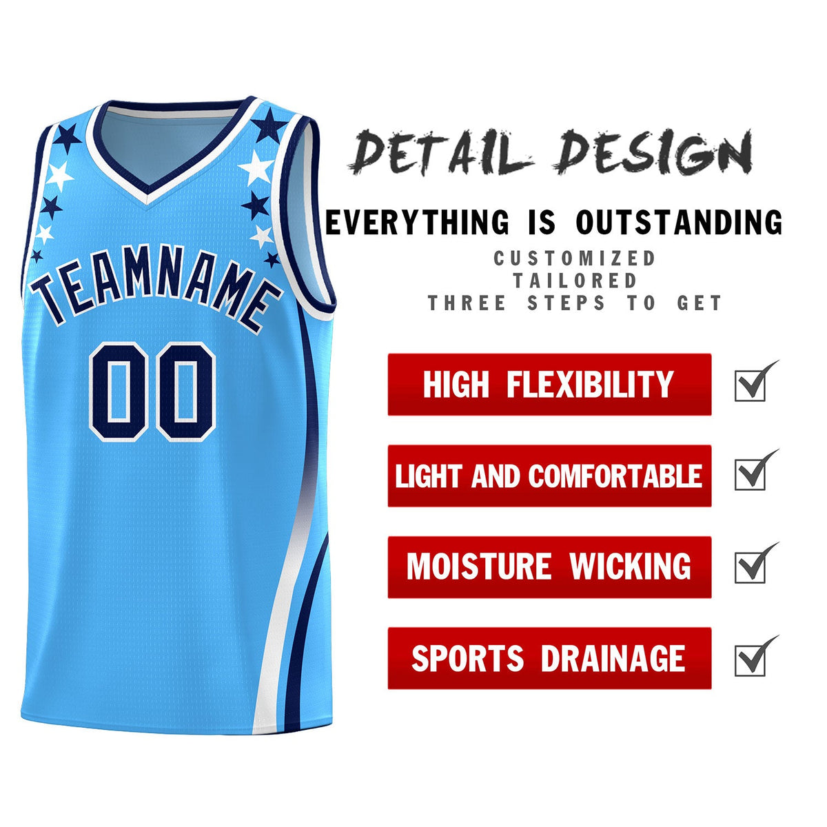 Custom Light Blue Shoulders Star Pattern Side Color Block Sports Uniform Basketball Jersey