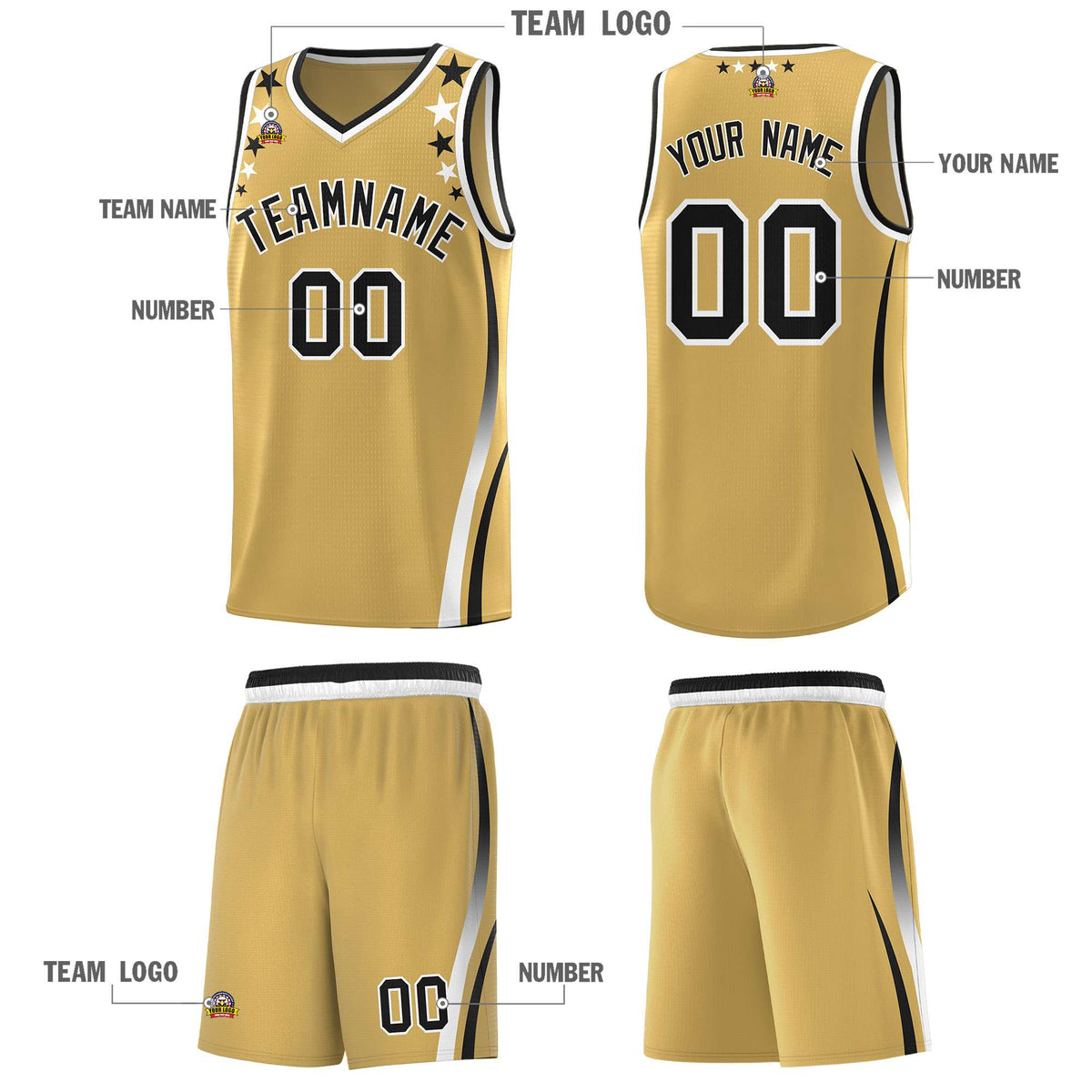 Custom Old Gold Shoulders Star Pattern Side Color Block Sports Uniform Basketball Jersey