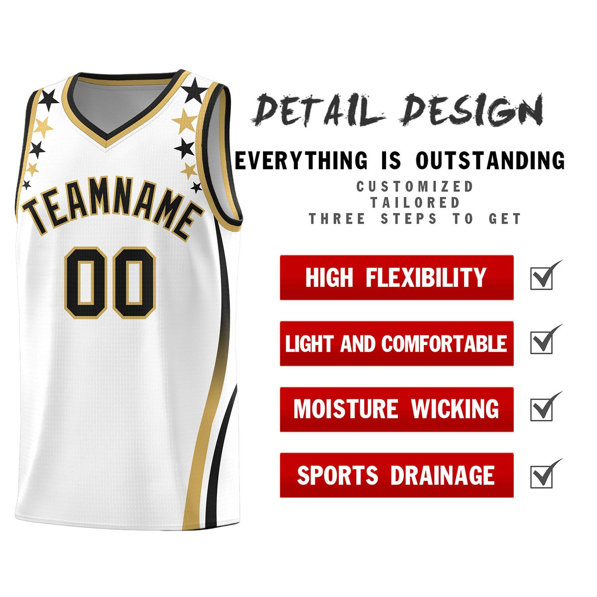 Custom White Shoulders Star Pattern Side Color Block Sports Uniform Basketball Jersey