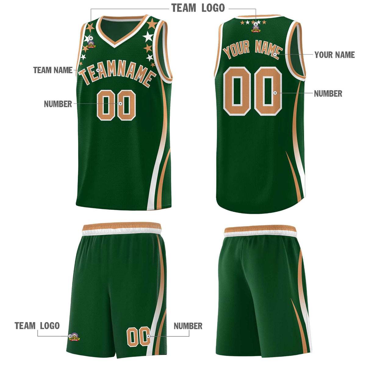 Custom Green Shoulders Star Pattern Side Color Block Sports Uniform Basketball Jersey