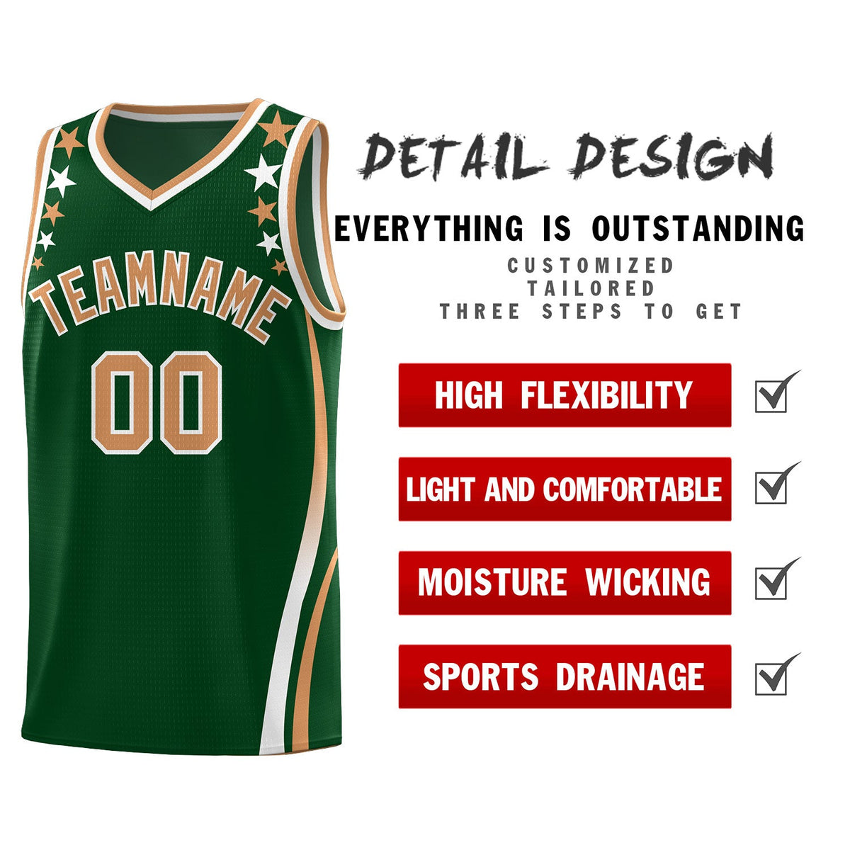 Custom Green Shoulders Star Pattern Side Color Block Sports Uniform Basketball Jersey