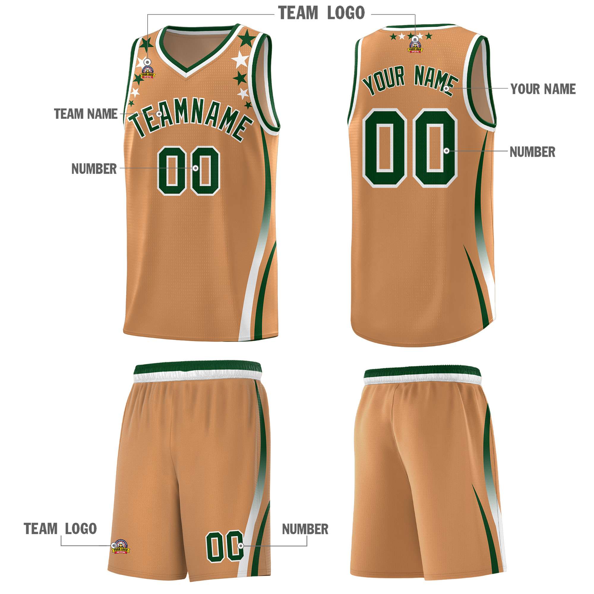 Custom Light Brown Shoulders Star Pattern Side Color Block Sports Uniform Basketball Jersey