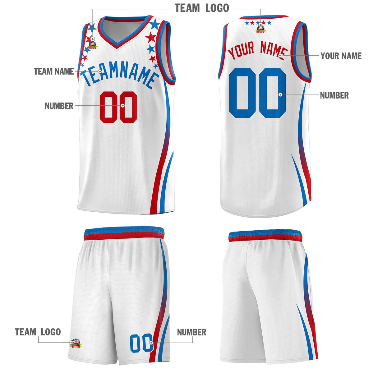 Custom White Shoulders Star Pattern Side Color Block Sports Uniform Basketball Jersey