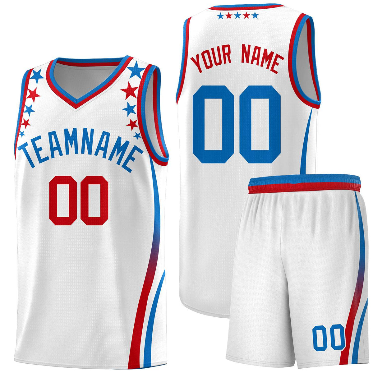 Custom White Shoulders Star Pattern Side Color Block Sports Uniform Basketball Jersey