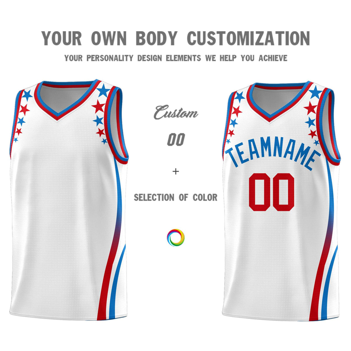 Custom White Shoulders Star Pattern Side Color Block Sports Uniform Basketball Jersey