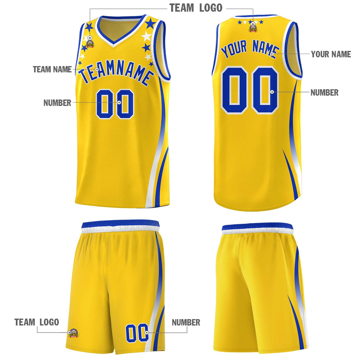 Custom Gold Shoulders Star Pattern Side Color Block Sports Uniform Basketball Jersey