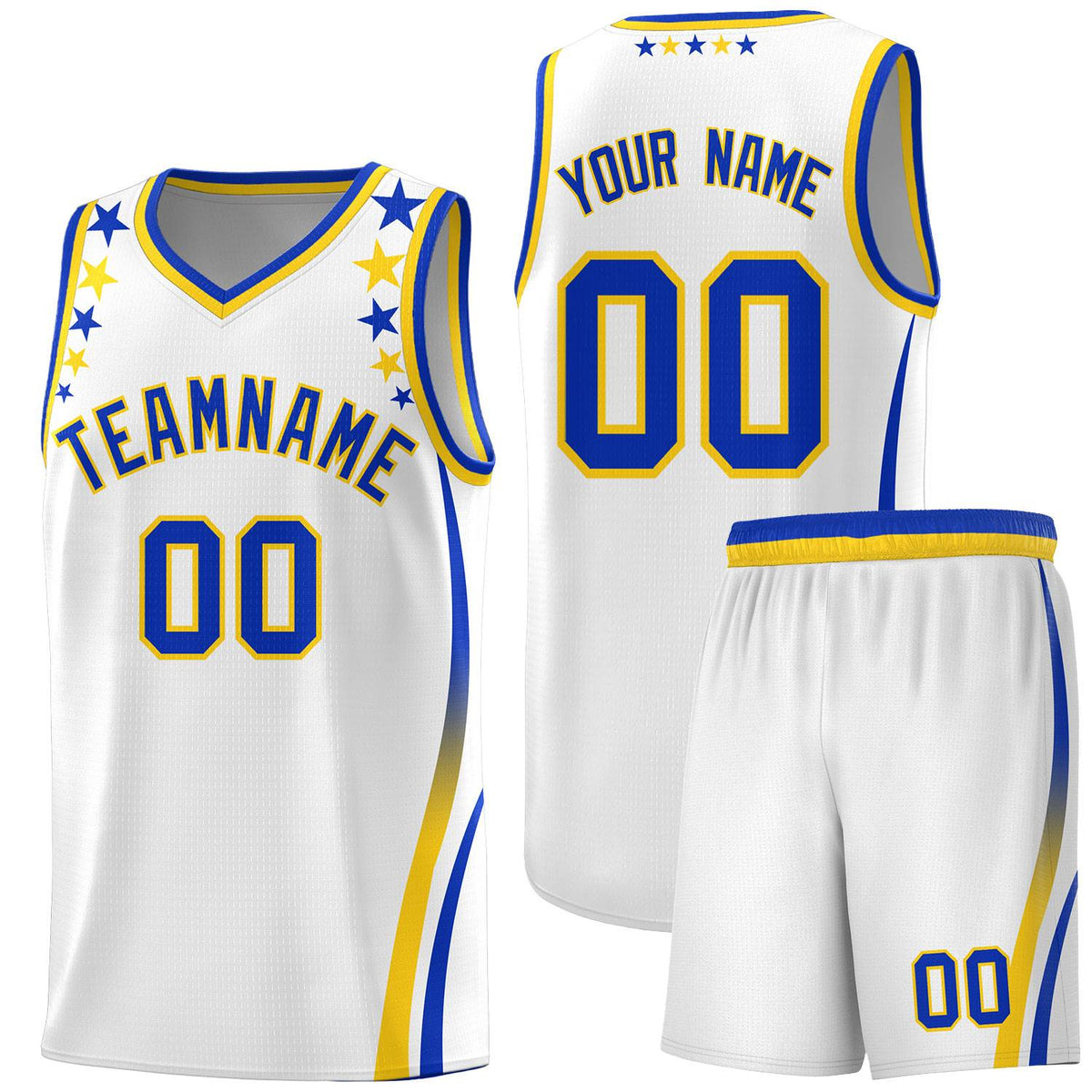 Custom White Shoulders Star Pattern Side Color Block Sports Uniform Basketball Jersey